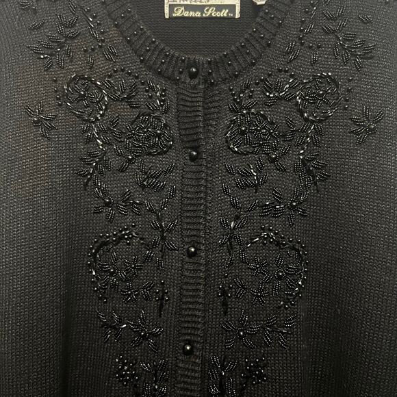 Vintage 80s Beaded Cardigan Sweater Size Medium Black Retro Style Rockabilly - Picture 4 of 11